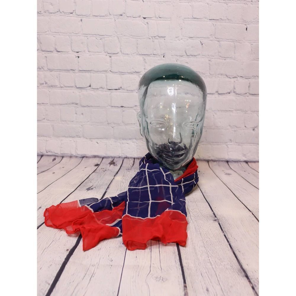 Vintage Windowpane Plaid Grid Check Scarf Red White Blue 1980s 4th Of July